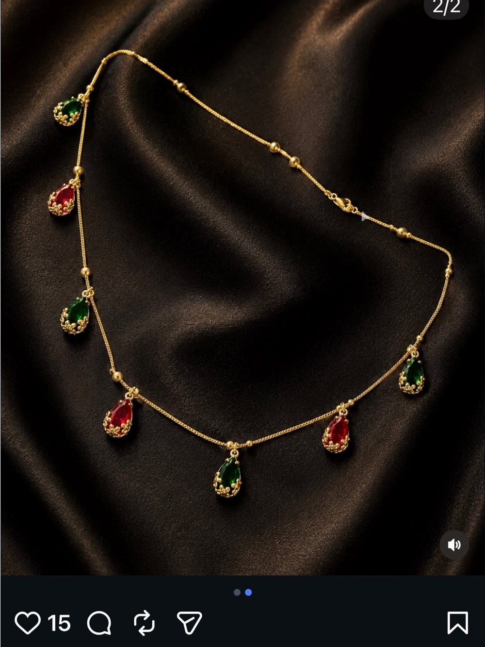 Gold Teardrop Necklace with Red and Green Stones xavelleco on Instagram